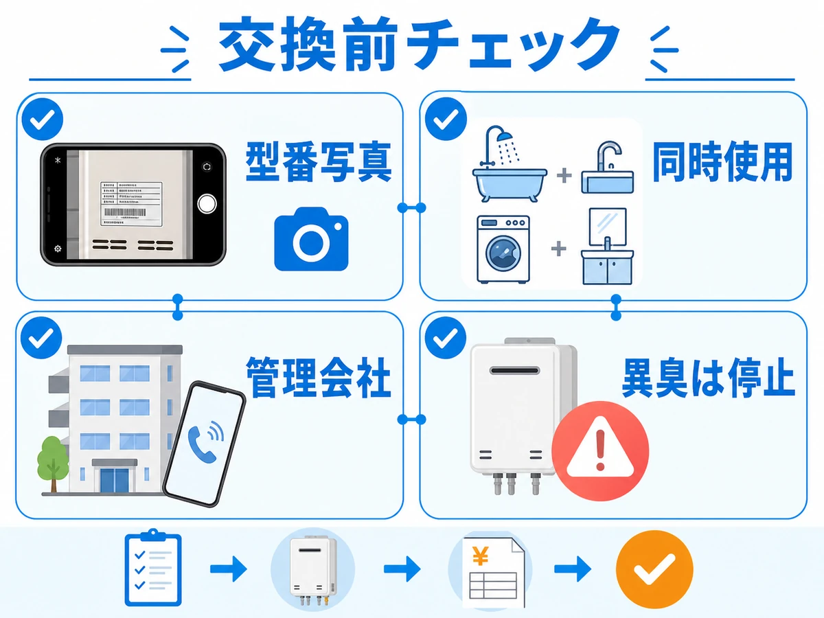 給湯器交換前に型番写真や管理会社確認を整理するチェック図
