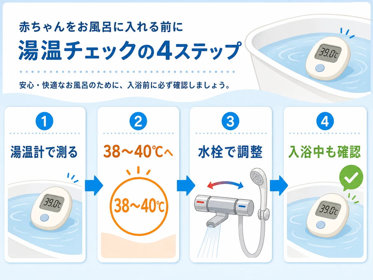 赤ちゃんをお風呂に入れる前の湯温チェック手順