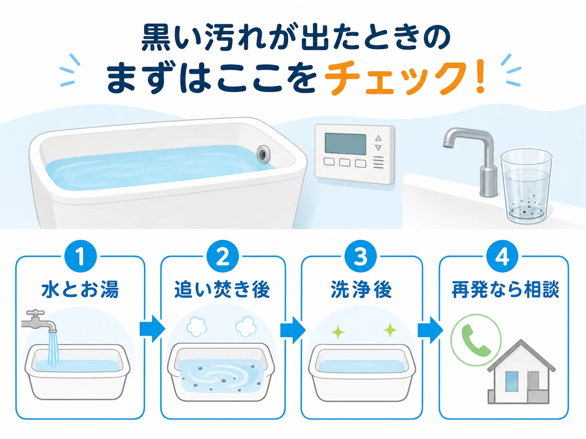 黒いカスが出たときに水とお湯、追い焚き後、洗浄後、再発を確認する流れ