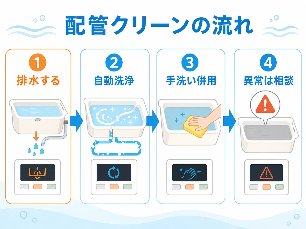 配管クリーン機能の排水から自動洗浄、手洗い併用、異常時相談までの流れ