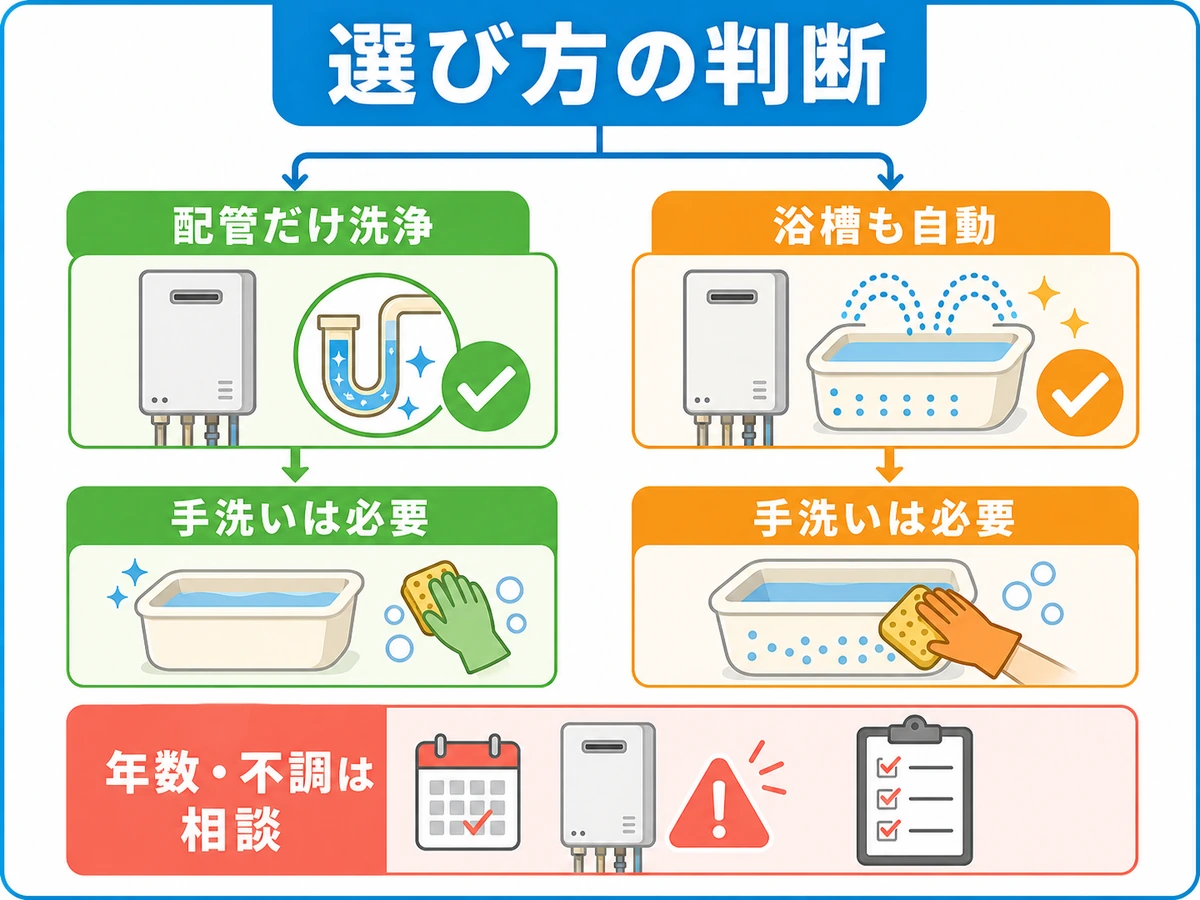 配管洗浄機能付き給湯器を選ぶときの判断分岐