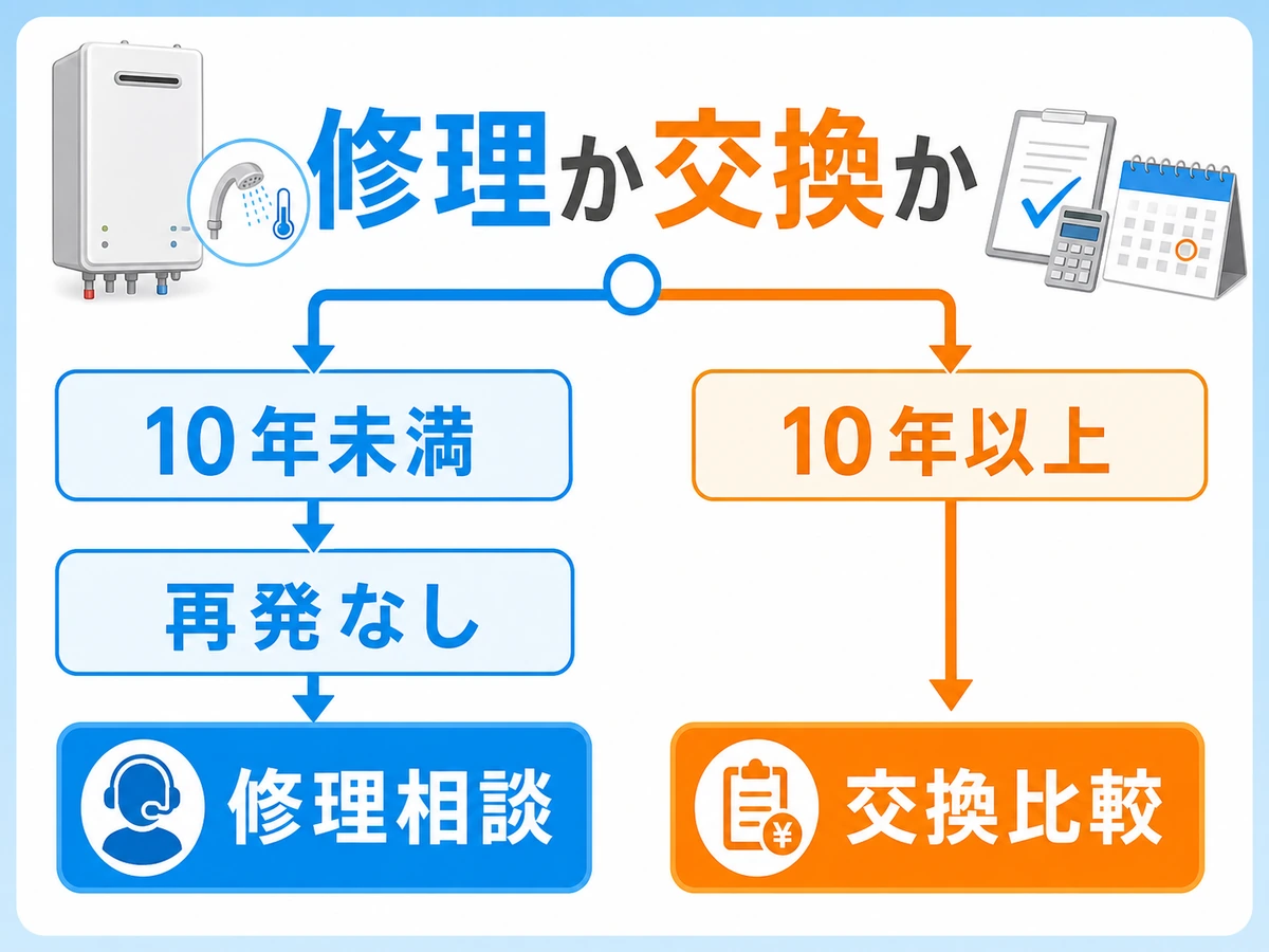 ボイラー風呂の修理か交換かを判断する図解