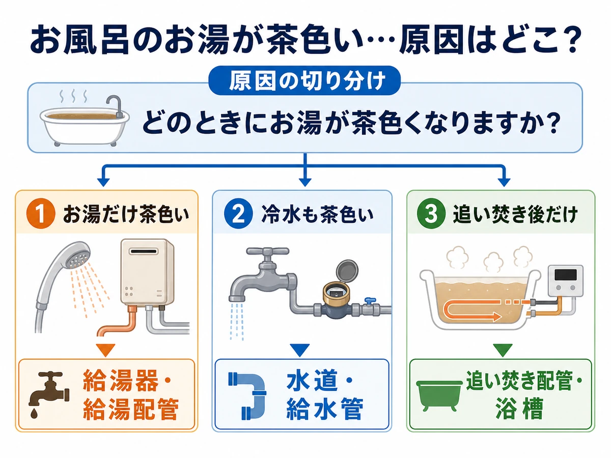茶色いお湯の原因を給湯器・水道・追い焚き配管で分ける図