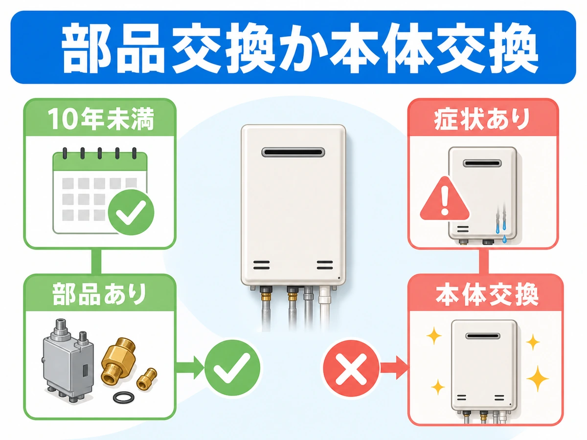 給湯器のガス種変更で部品交換か本体交換かを判断する分岐図