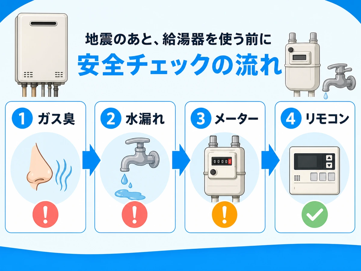 地震後に給湯器を使う前の安全チェックの流れ