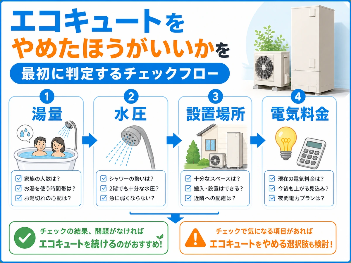 エコキュート導入前に湯量・水圧・設置場所・電気料金を確認する流れ