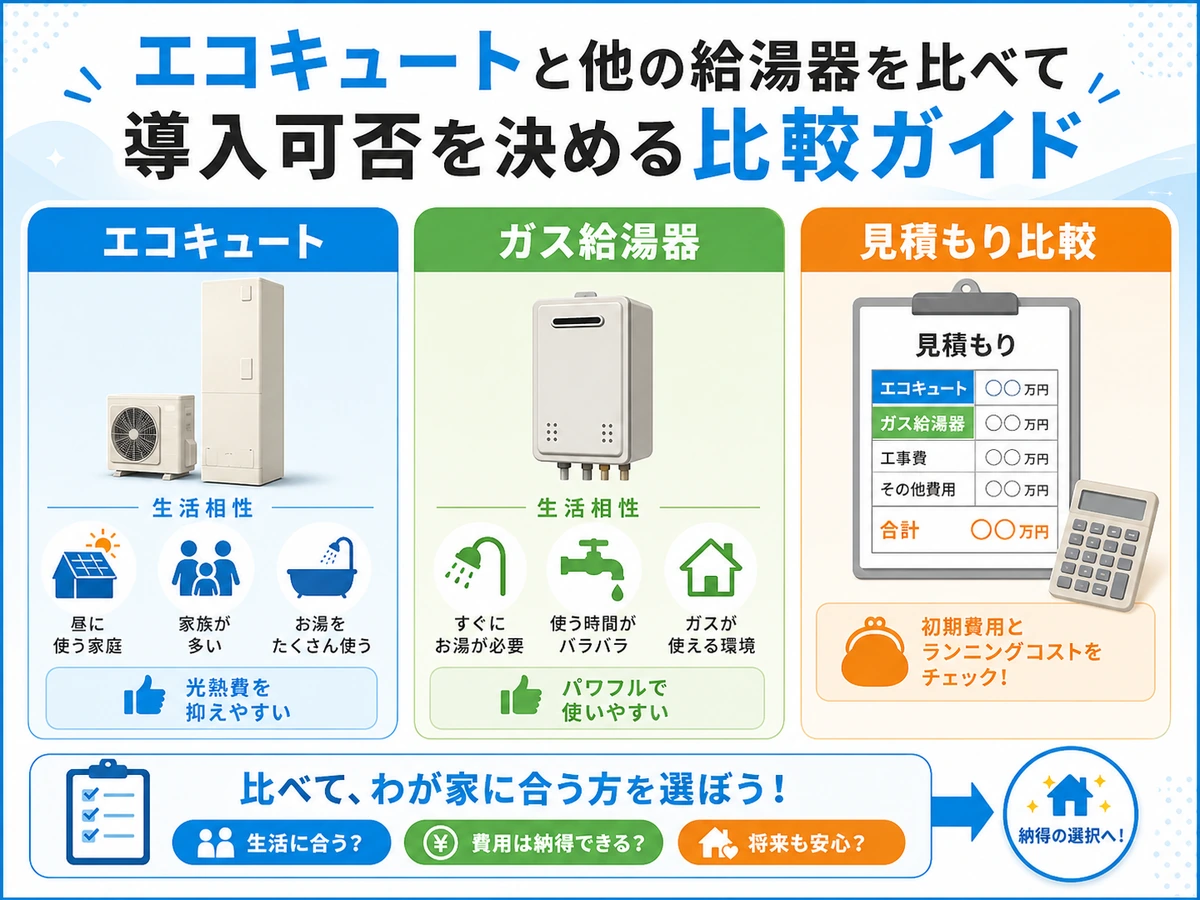 エコキュートとガス給湯器を生活相性と見積もりで比較する図