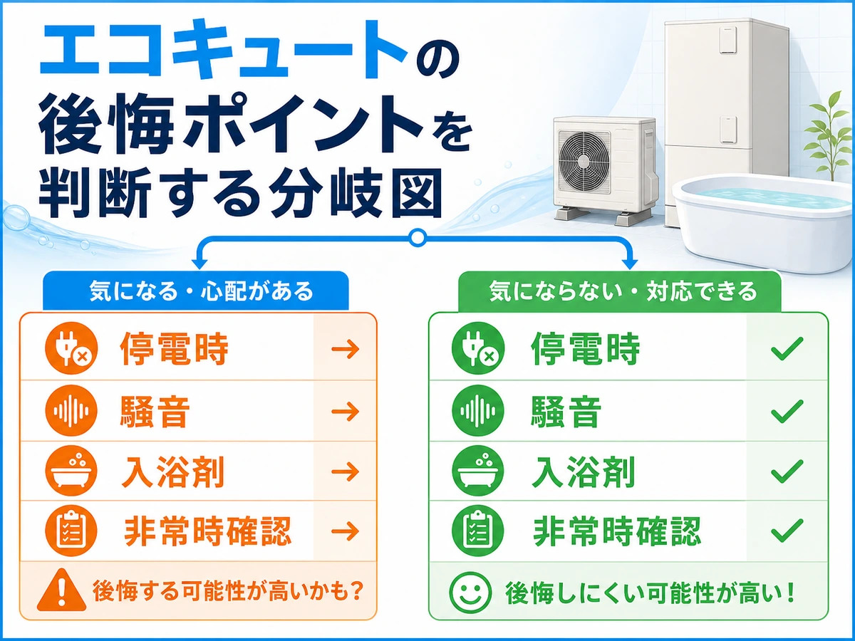 エコキュートの停電時・騒音・入浴剤などの制限を確認する図