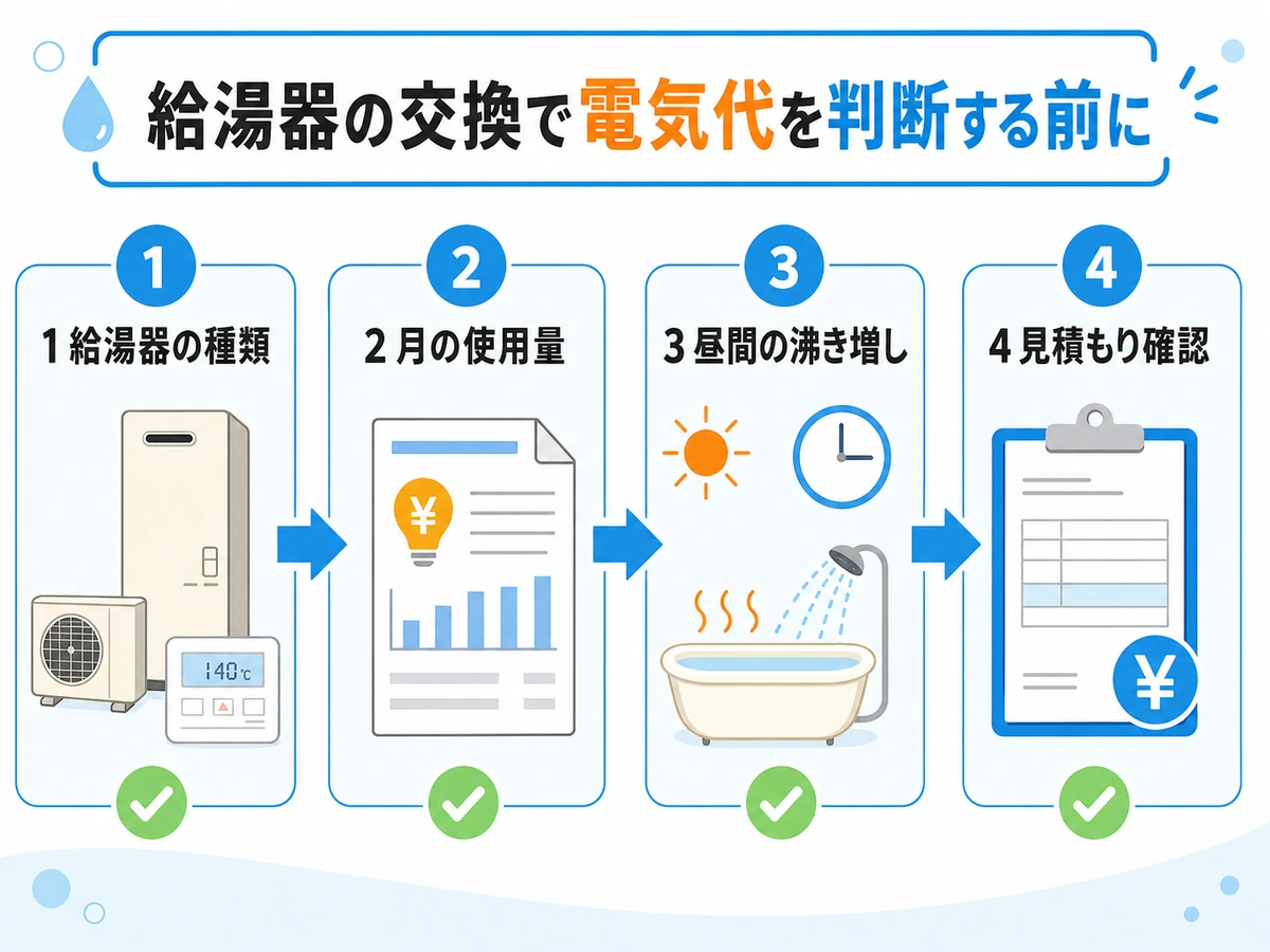 給湯器交換前に確認する種類、使用量、昼間の沸き増し、見積もりの流れ