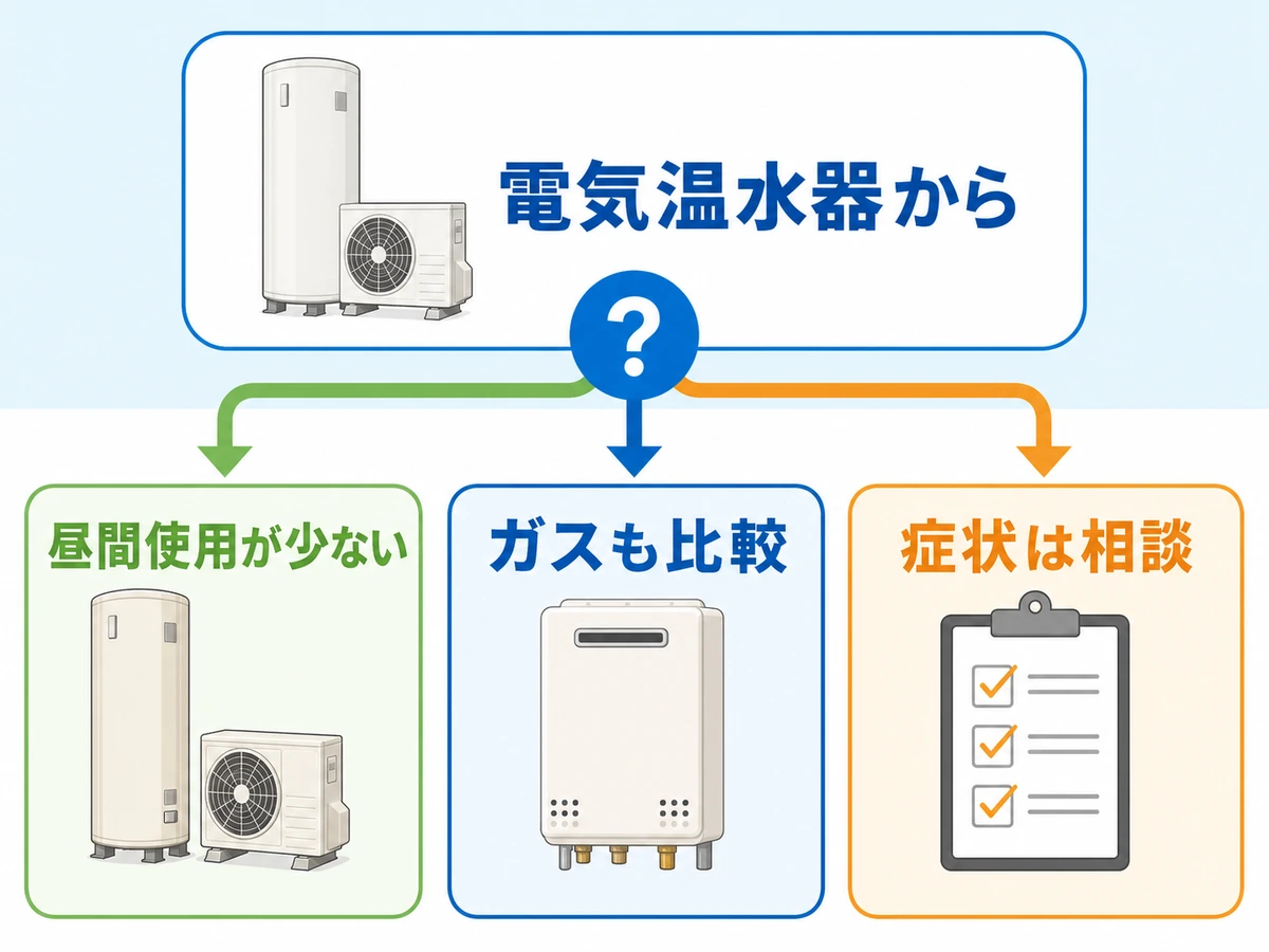 電気温水器からの交換、昼間使用、ガス比較、症状相談の判断チャート
