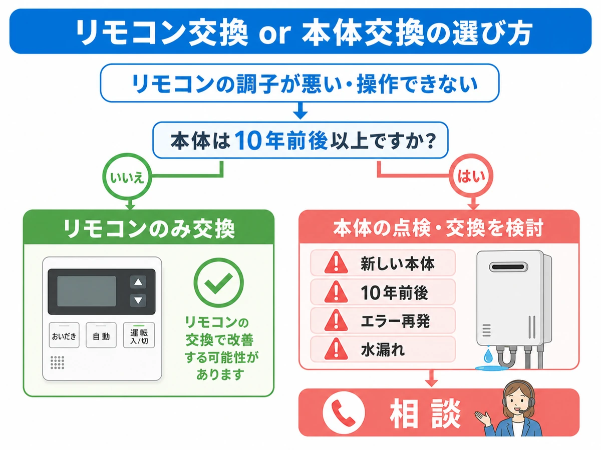 給湯器リモコン交換と本体交換を使用年数や症状で分ける判断図