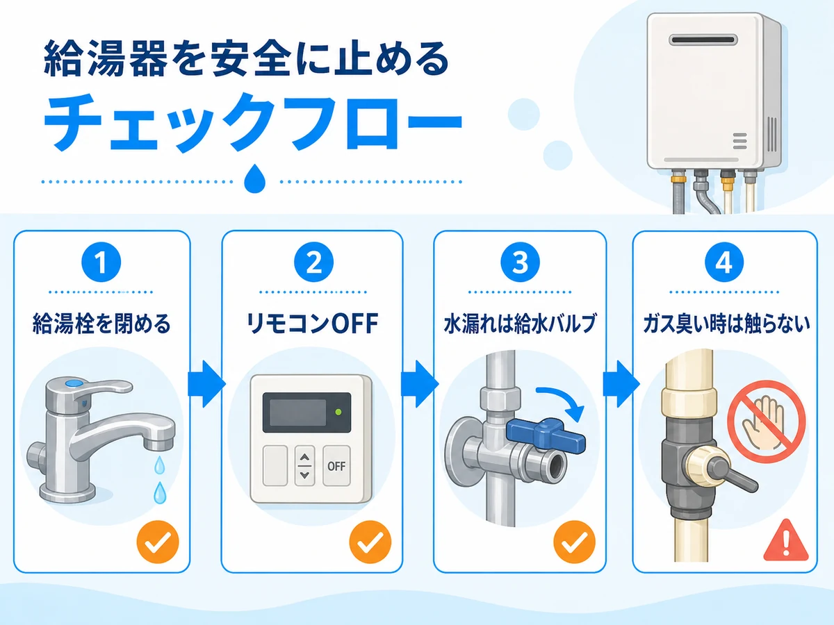 給湯器を安全に止めるための給湯栓、リモコン、水漏れ、ガス臭い時の確認順