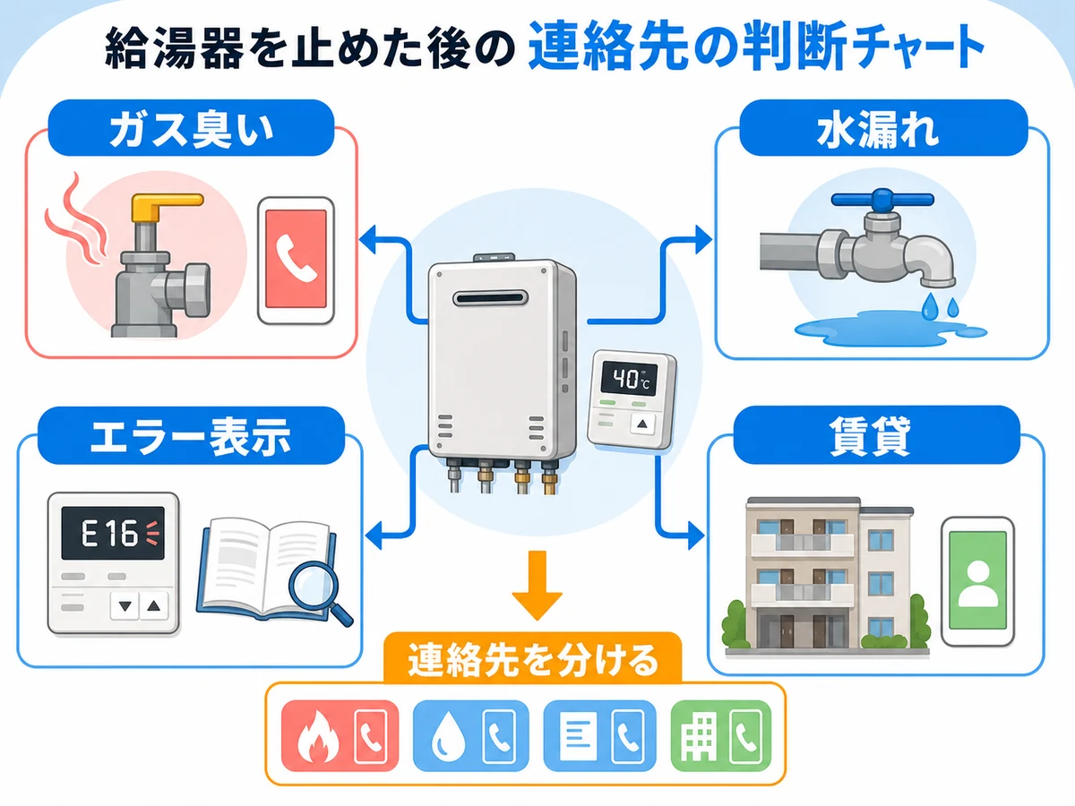 給湯器を止めた後に症状別の連絡先を分ける判断図