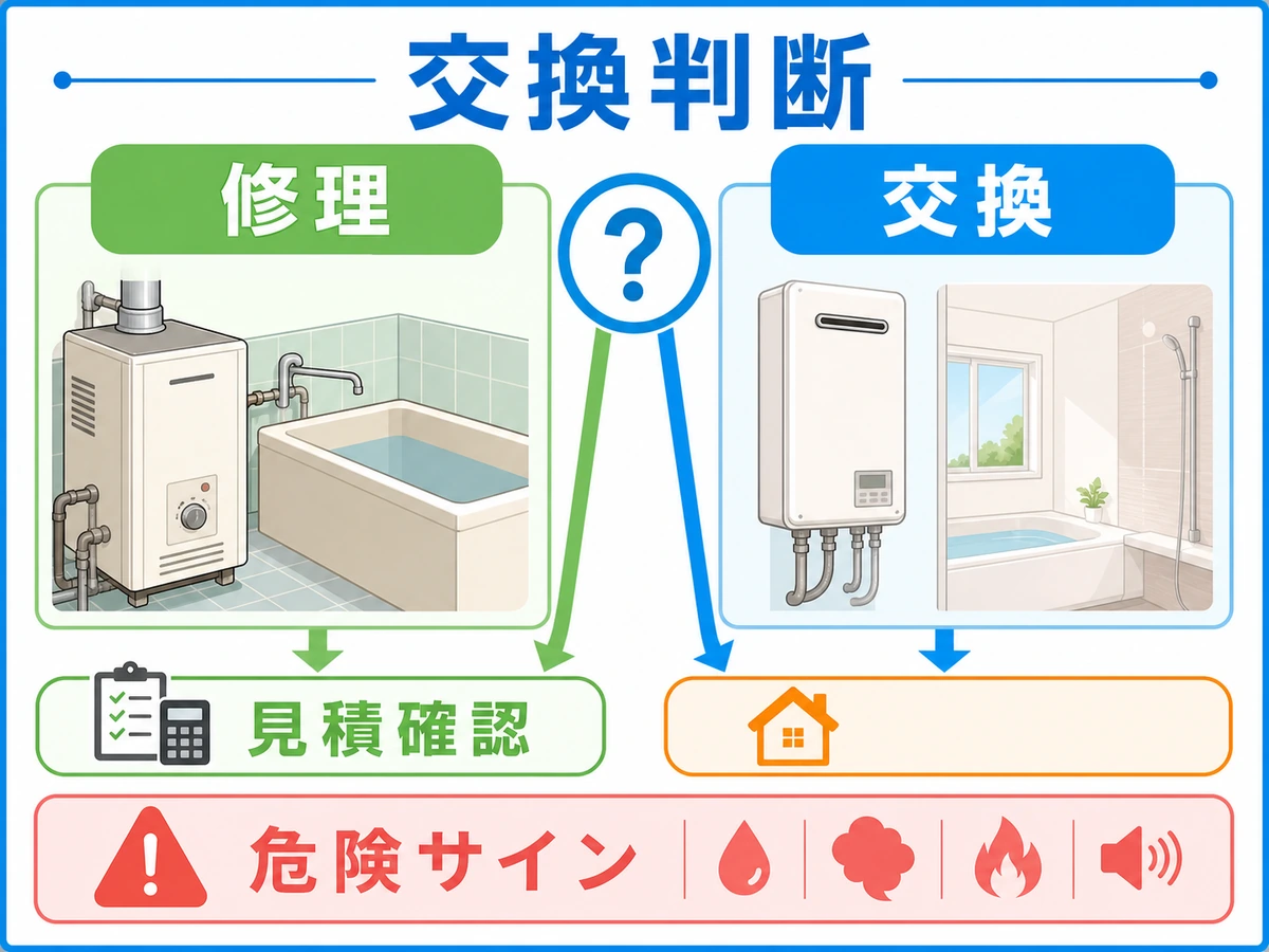 風呂釜の修理か交換かを危険サインと見積確認で判断する図