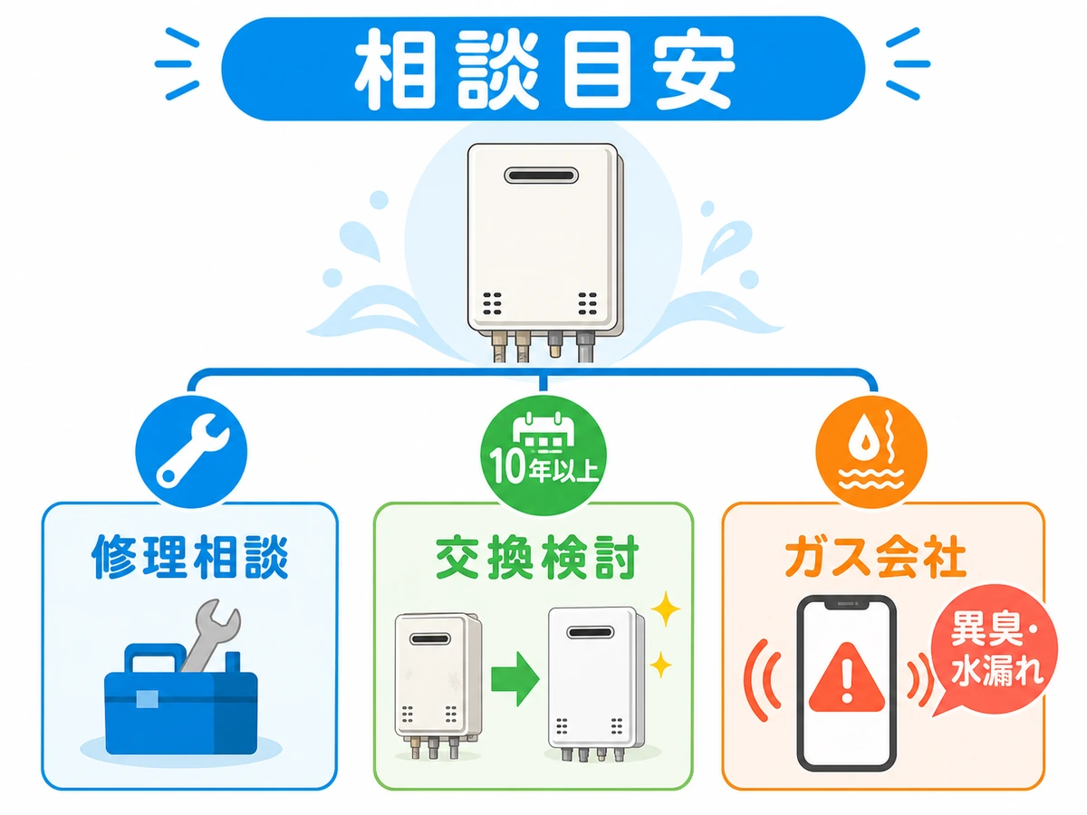 給湯器の修理相談、交換検討、ガス会社連絡を分ける相談目安