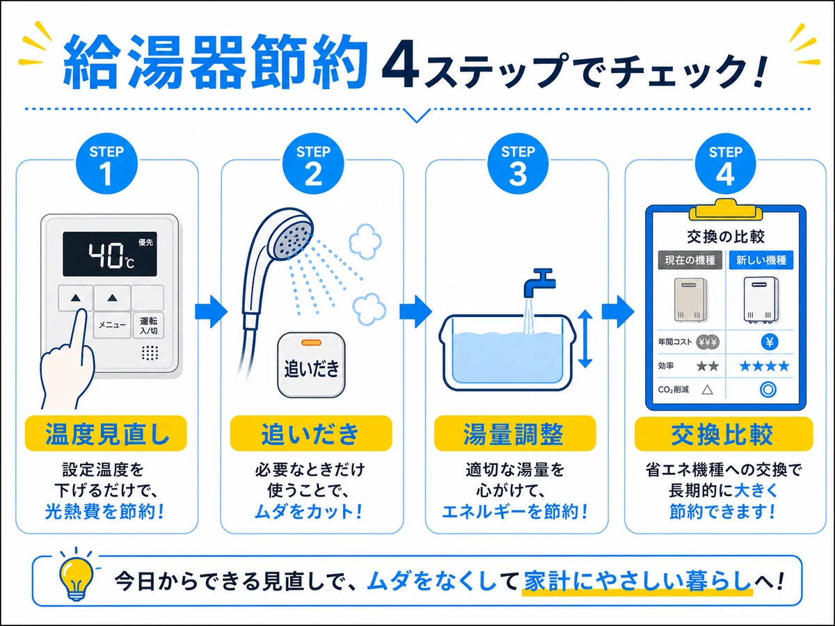 給湯器の光熱費節約で見直す温度・追いだき・湯量・交換比較の流れ