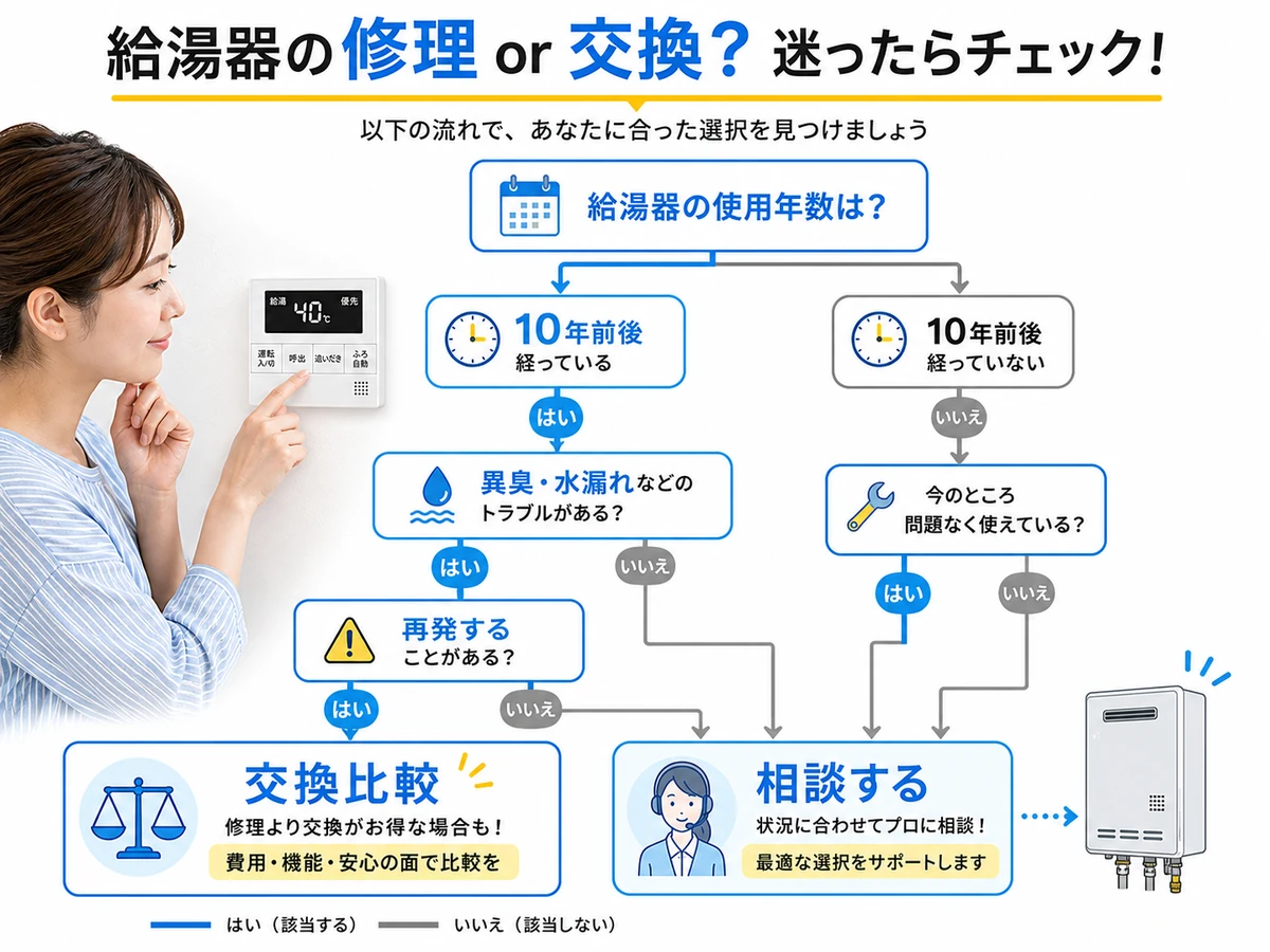 給湯器の修理と交換を比較する使用年数・異臭・水漏れ・再発症状の判断チャート