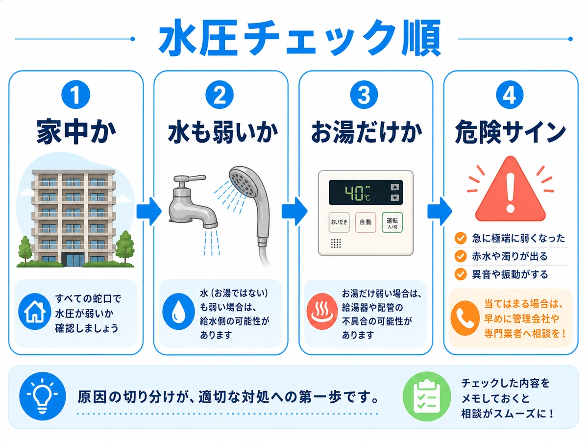 マンション高層階で水圧が弱いときに家中か水も弱いかお湯だけか危険サインを確認する流れ