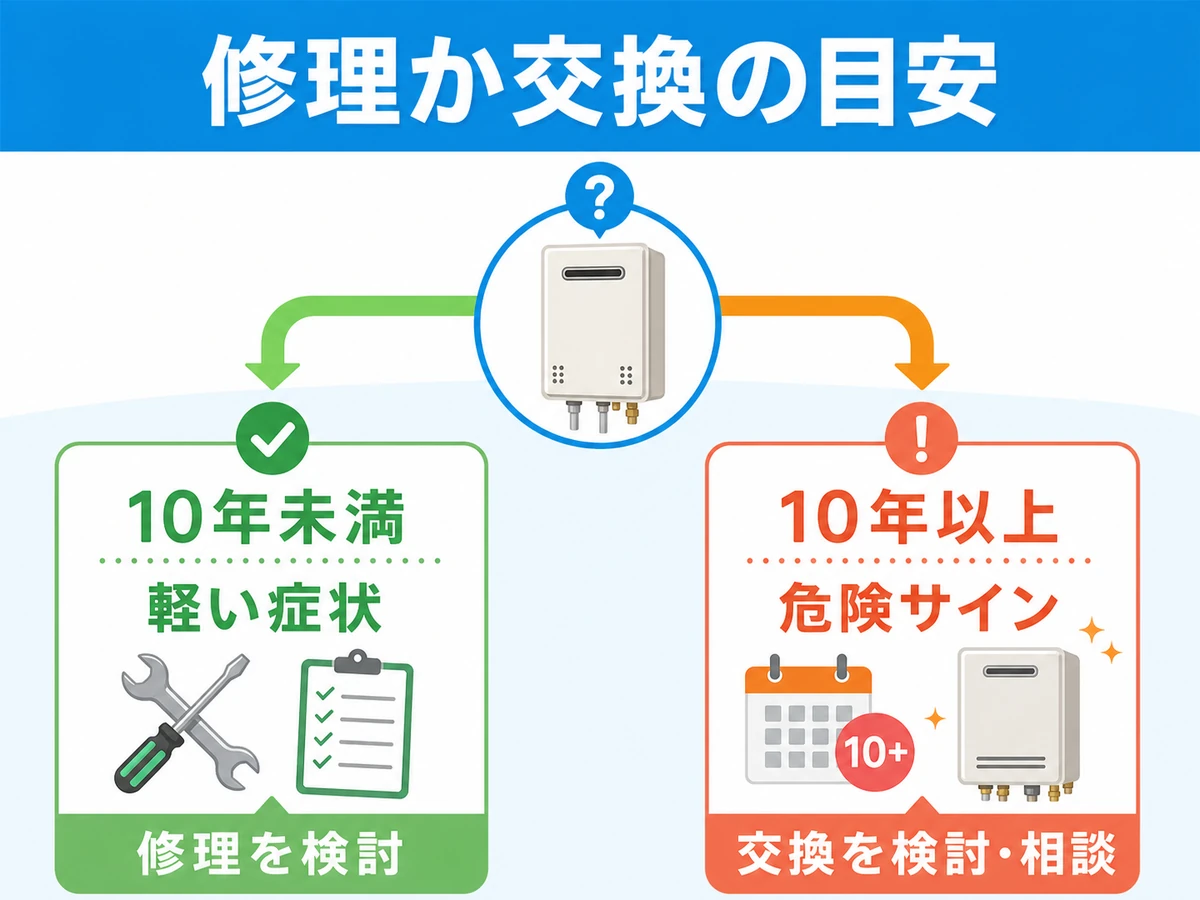 古い給湯器の修理と交換の判断目安を示した図