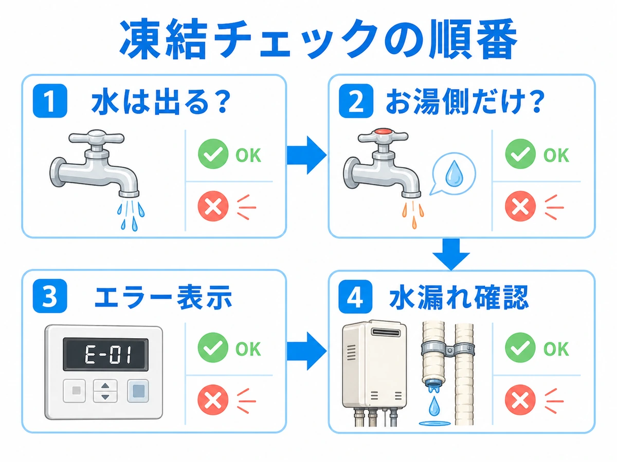 給湯器の凍結症状を水、お湯側、エラー表示、水漏れの順に確認する流れ