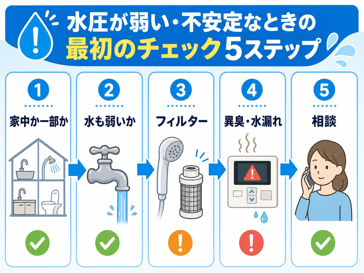 給湯器の水圧が弱いときに家中か一部か、水も弱いか、フィルターや異臭を確認する流れ