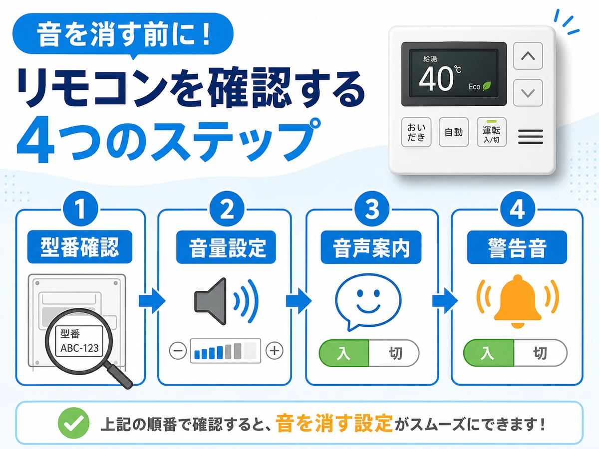 型番確認、音量設定、音声案内、警告音の確認順を示す図
