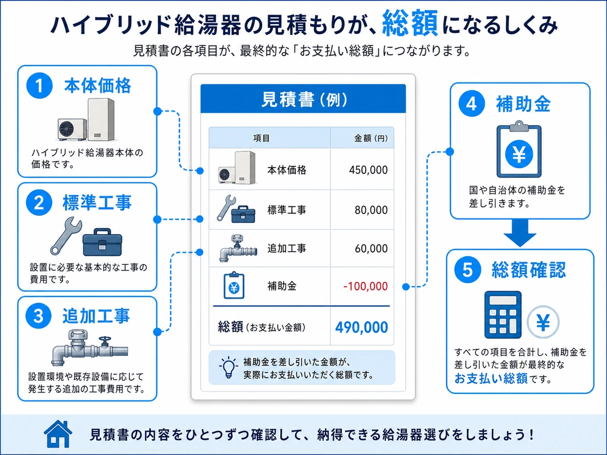 ハイブリッド給湯器の見積もり内訳を確認する図