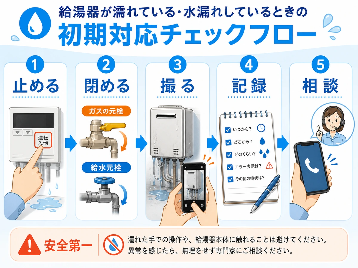 給湯器の水漏れ時に止める閉める撮る記録相談の順を示す画像