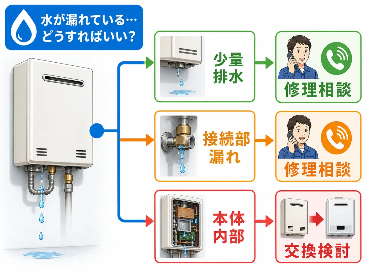 給湯器の水漏れを修理相談と交換検討に分ける判断チャート画像