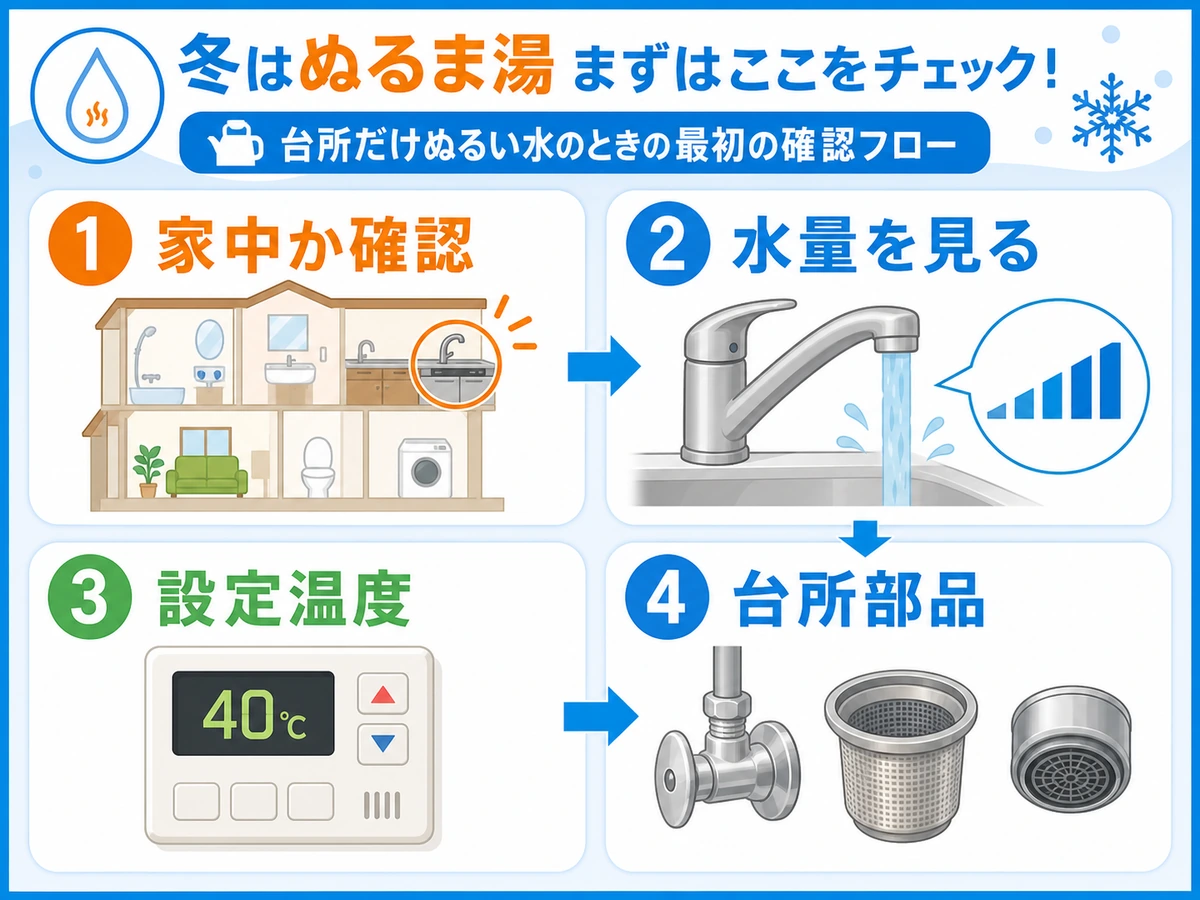 冬に台所のお湯がぬるいときの確認順を示す図