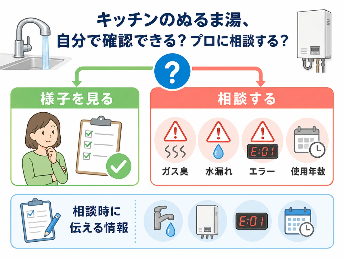 台所のお湯がぬるいときに様子を見るか相談するかを分ける図