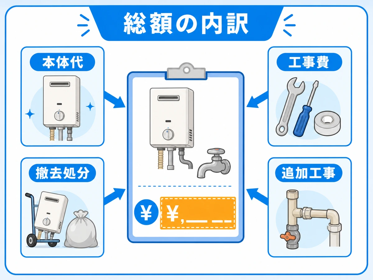湯沸かし器交換費用の本体代・工事費・撤去処分・追加工事を示す図