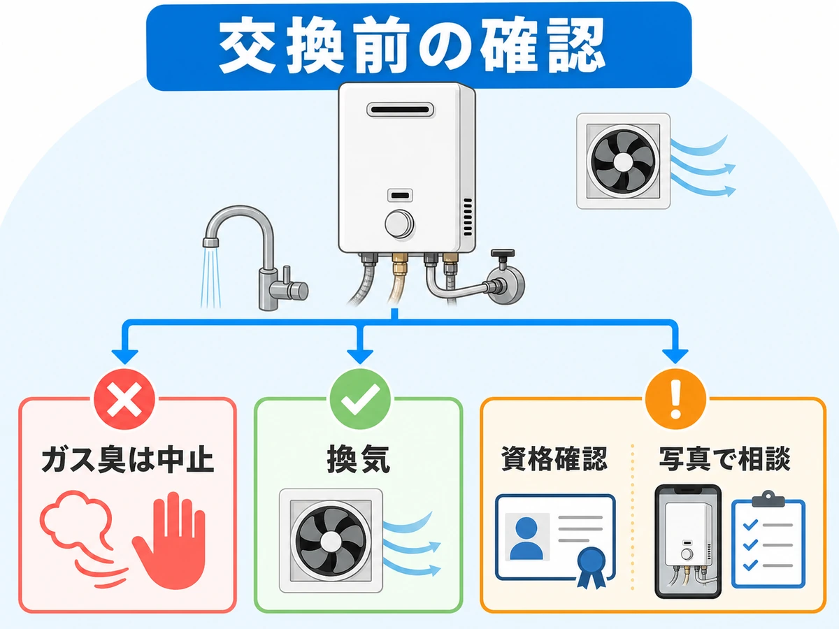 湯沸かし器交換前の資格確認・換気・ガス臭時中止を示す判断図