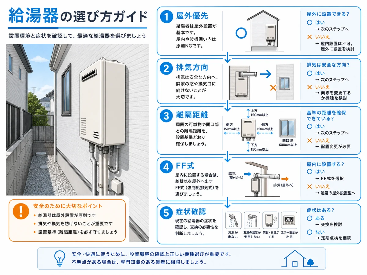 狭小住宅で給湯器の設置方法を確認する流れ