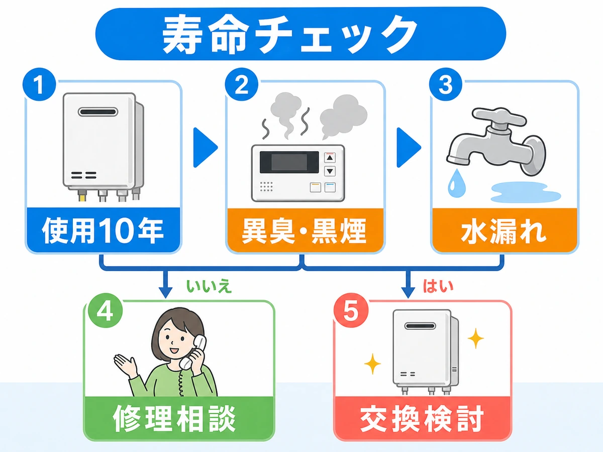 給湯器の寿命チェックで使用10年、異臭、黒煙、水漏れから修理相談と交換検討を分ける図