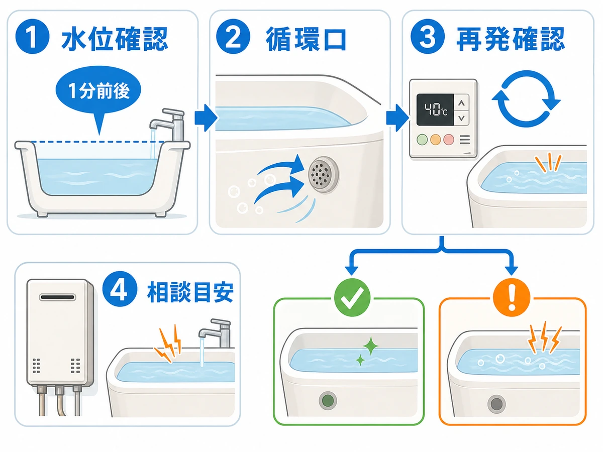 追い焚きのボコボコ音を水位、循環口、再発、相談目安の順に確認する図