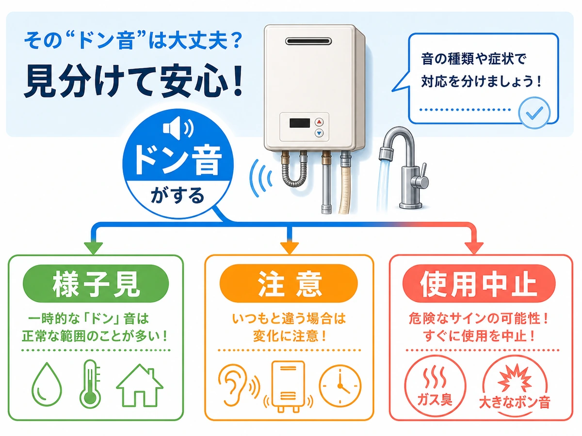 給湯器のドン音で様子見か使用中止かを分ける図