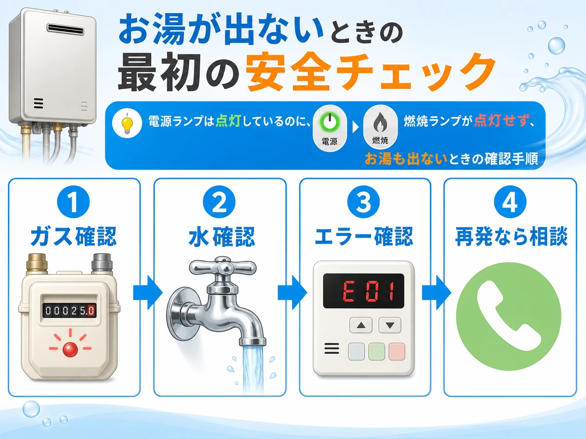 給湯器の燃焼ランプがつかない時にガス、水、エラー、再発を確認する流れ