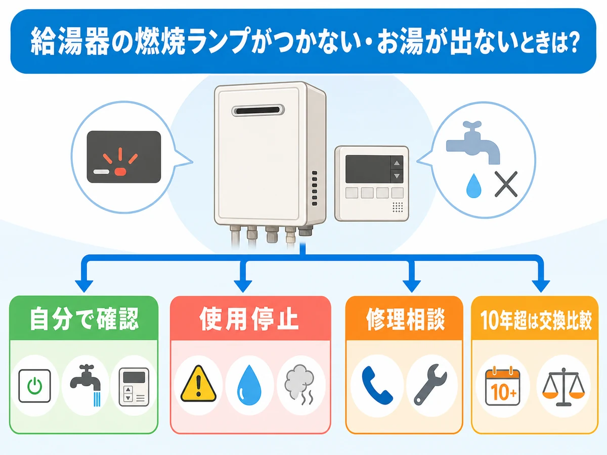 給湯器の燃焼ランプがつかない時に自分で確認するか使用停止や修理相談へ進むかを分ける図
