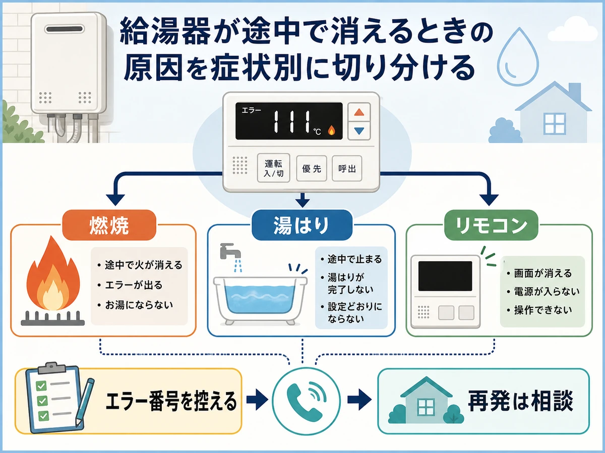 給湯器が途中で消える時の症状別チェックフロー