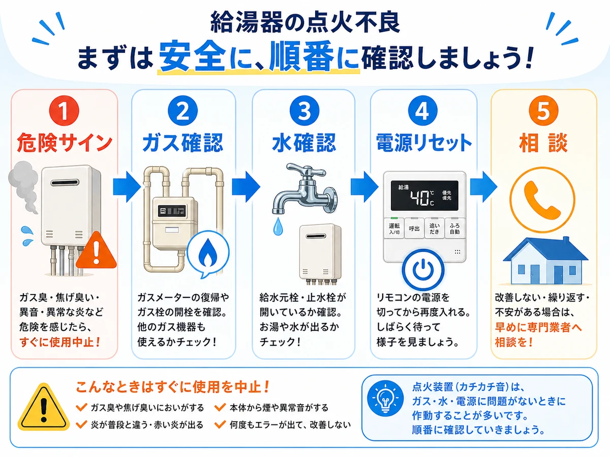 給湯器の点火不良をガス、水、電源、相談の順に確認する図