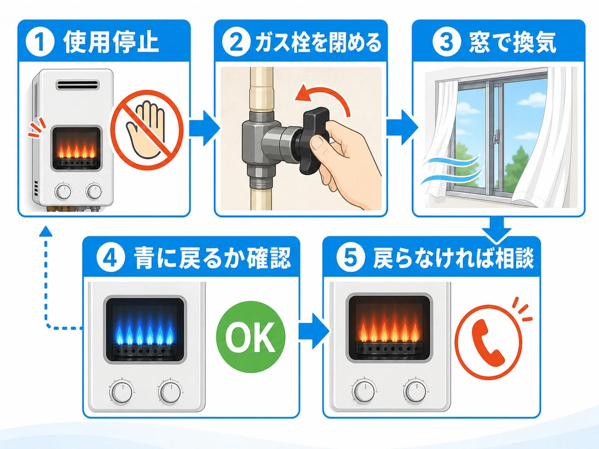 給湯器の赤い炎を見たときの使用停止から相談までの確認手順