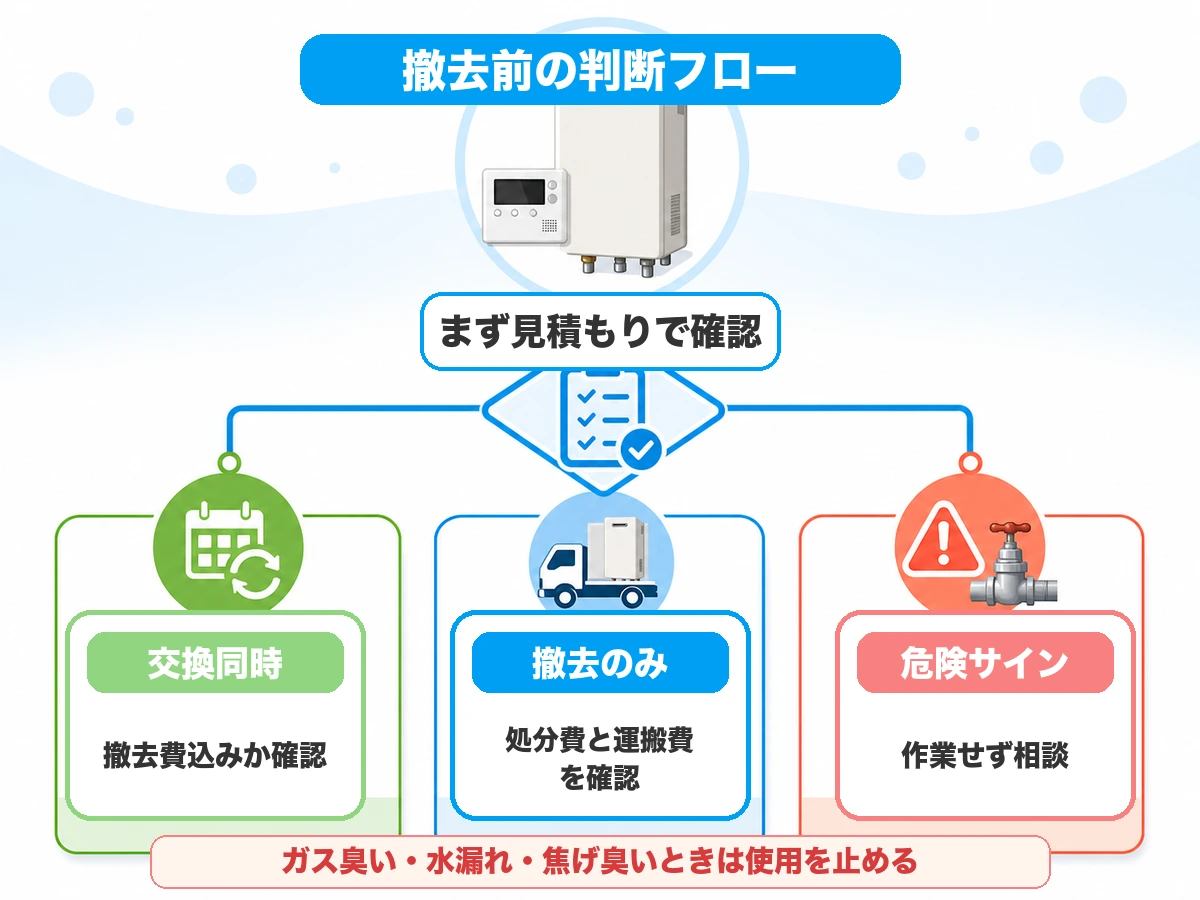 給湯器の撤去前に交換同時、撤去のみ、危険サインを判断する流れ