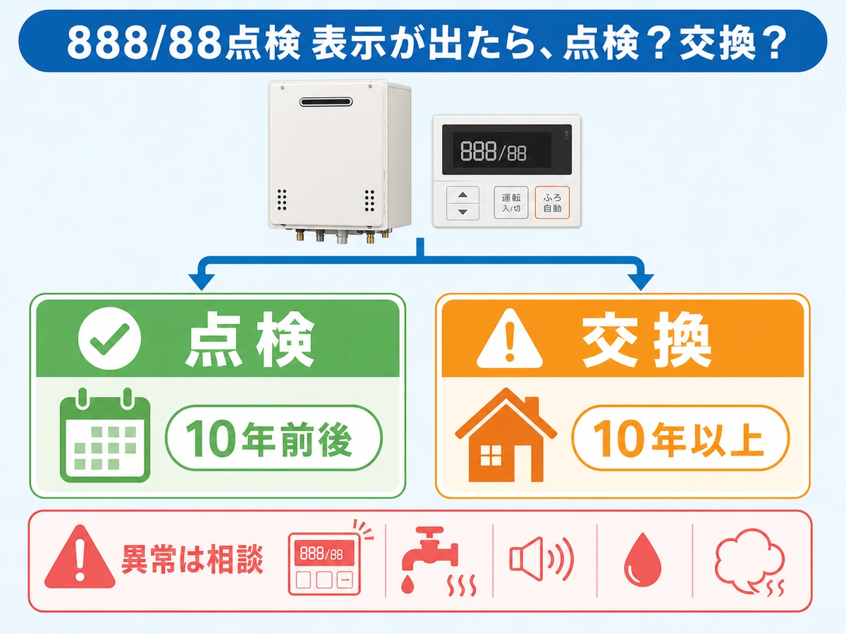給湯器の点検表示後に点検か交換かを判断する流れ