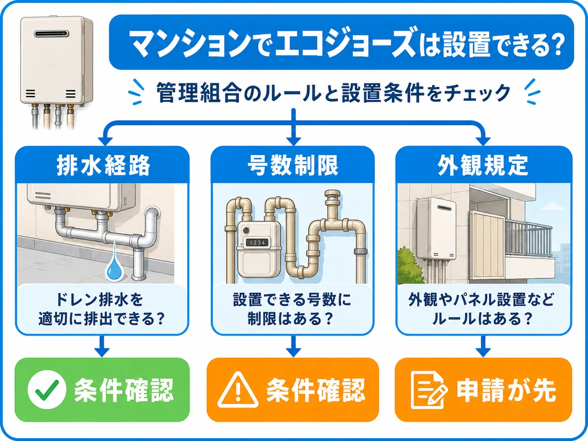 エコジョーズに交換できるか確認する排水経路と号数制限