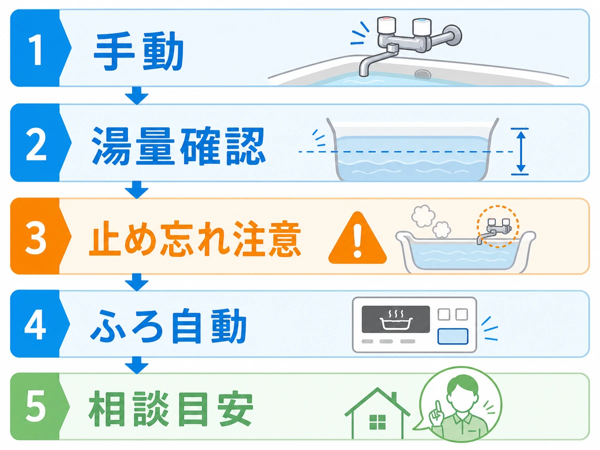 手動湯はりを続けるか自動湯はりを検討するかの確認フロー