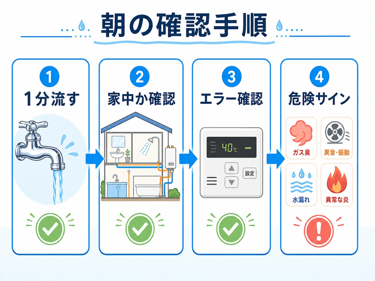 朝一番のお湯がぬるい時の確認手順を4ステップで示す図
