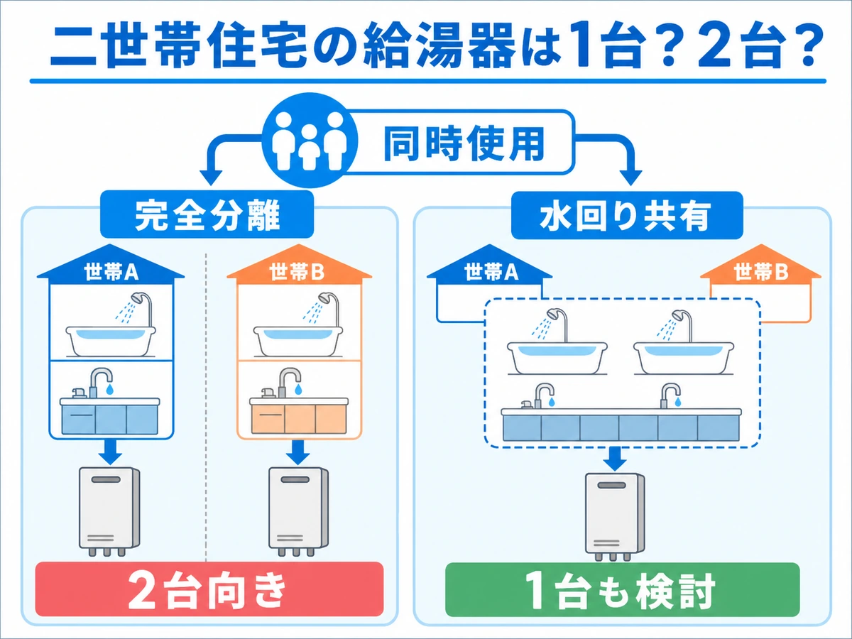 二世帯住宅の完全分離型と水回り共有型で給湯器1台か2台かを判断する図