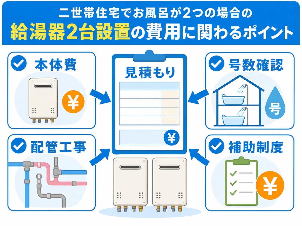給湯器2台設置の見積もりで本体費、配管工事、号数、補助制度を確認する図