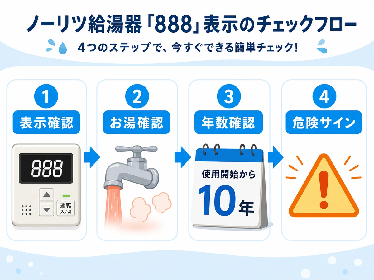 888表示が出たときの表示確認、お湯確認、年数確認、危険サインの流れ